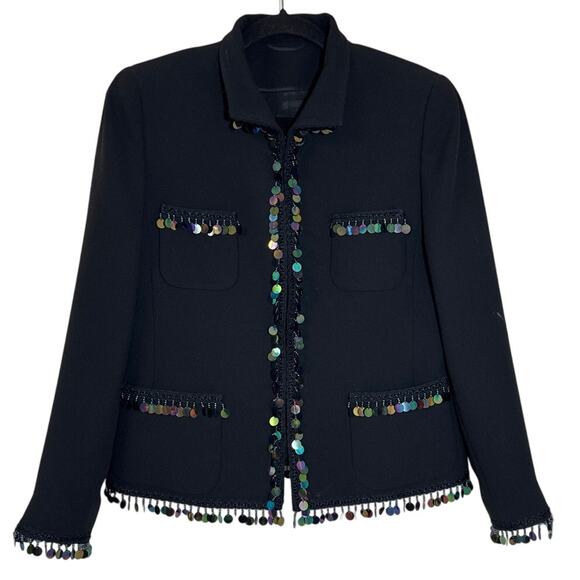 Beautiful Vintage Medium Black Jacket W Peacock Sequins & Pearls & Brocade Trim - Picture 1 of 5